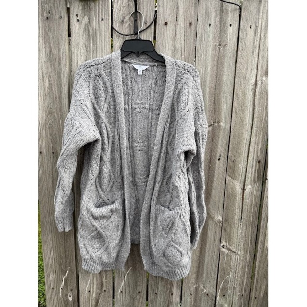 Cottagecore Grandmacore Time and Tru Cardigan XS Grey Chunky Cable Knit Pocket